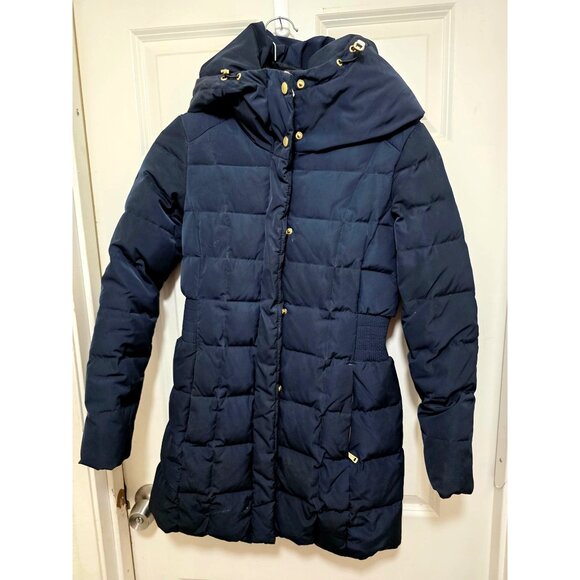 Cole Haan Women's PXS Navy Quilted Long Puffer Coat Detachable Hood Gold Elastic - Picture 2 of 8